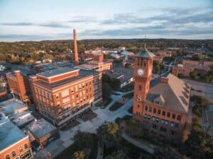 aerial view of downtown Menomonie and UW-Stout clock tower