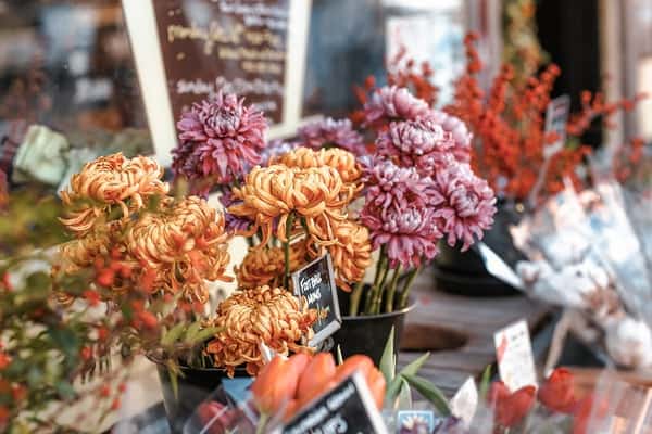 Bouquets of Seasonal Flowers on Table Outside